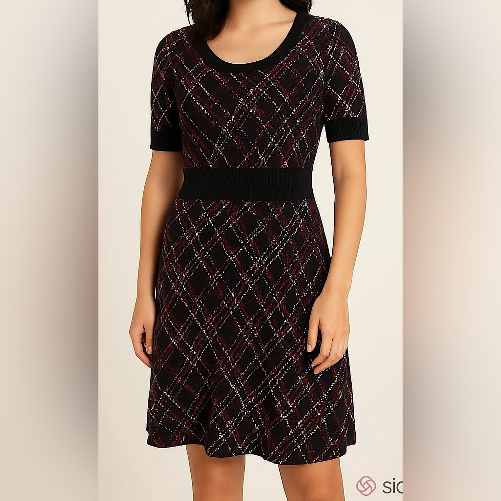 Roz & Ali Petite Black Red Cream Print MP Smart Casual Preppy Classic Knit Dress